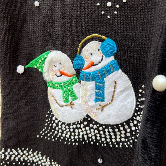 Vintage 90s Snowmen Winter Christmas Ugly Sweater Vest Black Applique XL - Picture 2 of 7